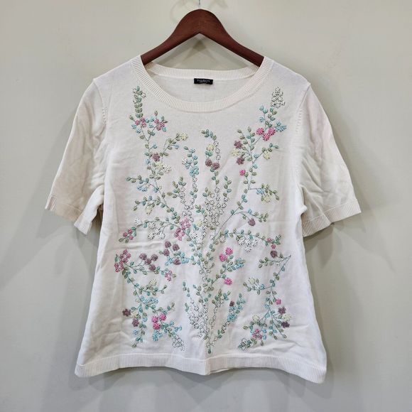Talbots Womens Floral Sequin Knit Sweater Petites Ivory Embroidered Boho Peasant - Picture 1 of 9